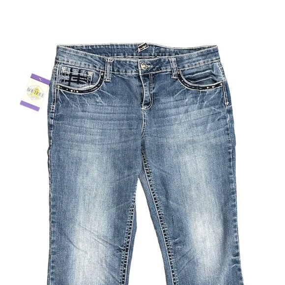 Soundgirl Jeans Juniors 17 Blue Bootcut Studs Bling Thick Stitch Fluer De Lis - Picture 6 of 16